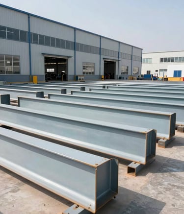 Wide-angle architectural photography of a modern metal processing and distribution warehouse in Dammam, Saudi Arabia. High-quality steel beams are organized in the foreground. The environment is professional and efficient, with a bright midday sun. The color palette emphasizes Arctic Mist and Cool Steel surfaces.