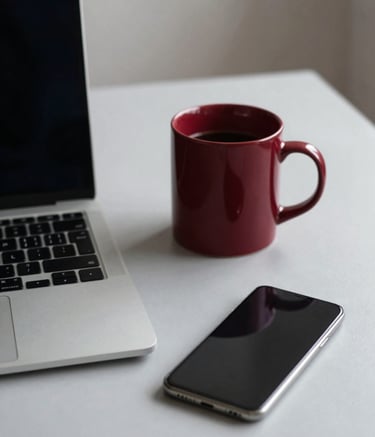 A close-up shot of a minimalist workstation in a bright British / UK studio. A sleek laptop sits on a soft pale grey desk next to a deep crimson red coffee mug and a dark charcoal grey smartphone. The lighting is natural and clean, suggesting a modern startup environment.
