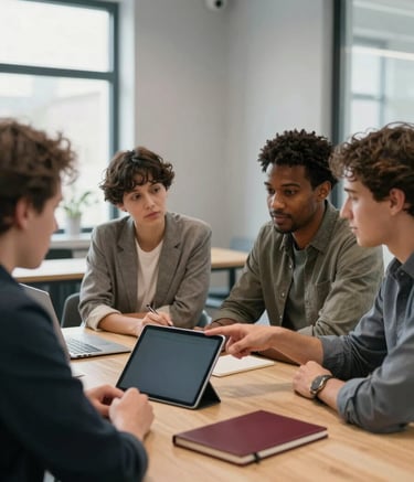 A group of diverse professionals having a collaborative meeting in a modern British / UK co-working space with soft pale grey walls and large windows. One individual is pointing at a dark charcoal grey tablet, while another has a deep crimson red notebook on the table. The atmosphere is energetic and professional.