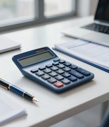A high-end, modern accounting desk featuring a sleek calculator, an elegant fountain pen, and neatly organized financial ledgers on a polished surface. The color palette includes professional deep blues (#1A2E44) and clean whites (#F5F8FA). Natural lighting from a large office window creates a trustworthy and intelligent atmosphere.