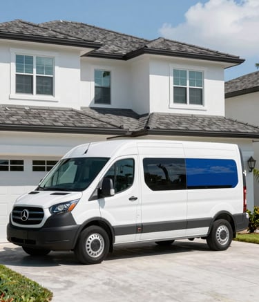 A clean, modern North American house exterior in Florida during a bright, sunny day. A professional white service van with subtle Deep Blue branding is parked in the driveway. High-resolution photography conveying reliability and professional standards.
