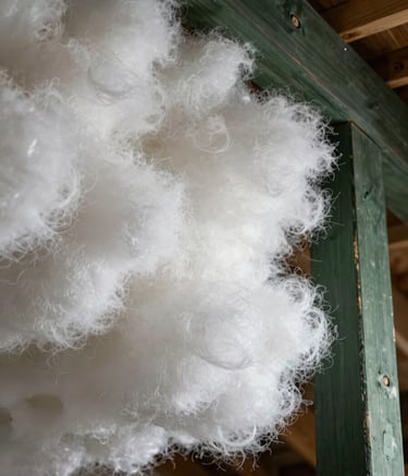 A macro shot of premium, fluffy white blown-in fiberglass insulation filling an attic space. The lighting is soft and bright, emphasizing the clean texture. A wooden joist in dark forest green tone provides a structural element on the right side of the frame. High-quality professional photography style.