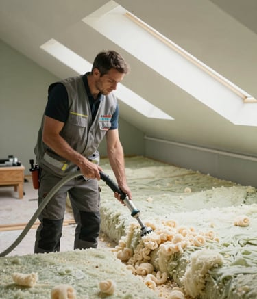 A professional insulation technician wearing a mist grey branded vest and safety gear, carefully operating a hose to install blown-in insulation in a modern attic. The lighting is natural and clear, highlighting a clean work environment with soft pale sage accents.