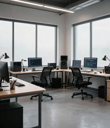A wide photography shot of a modern North American creative studio. The composition is clean and minimalist, showing a professional workspace with high-tech equipment, large windows, and an atmosphere of data-driven innovation and sophistication.