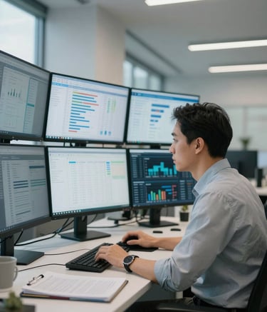 A high-end, professional North American office setting where a marketing analyst is reviewing complex data sets on multiple screens. The lighting is sophisticated and clean, with a mood that evokes trust and expertise, featuring soft white and steel blue interior accents.
