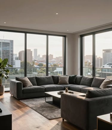 A wide-angle professional photograph of a luxury renovated Sydney apartment living room. Large floor-to-ceiling windows show a soft-focus urban Australian background. The interior features light grey walls, brown timber flooring, and sophisticated charcoal furniture. Warm, natural sunlight creates an inviting atmosphere.