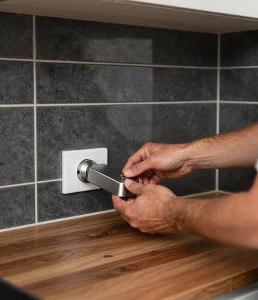 A close-up shot focusing on the high-quality craftsmanship of a renovated Australian kitchen. A brown wood countertop meets a sleek charcoal tile splashback. A professional tradesperson's hand is seen placing a high-end designer fixture. Bright, clean, professional lighting.