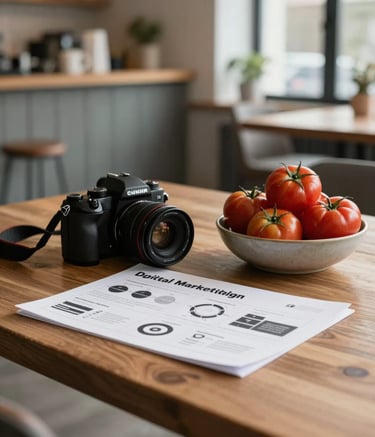 The cozy, scandinavian-style interior of a modern restaurant in North America / Western Europe. Soft natural light illuminates a heavy wooden table where a digital marketing plan and a camera sit next to a bowl of deep ripe crimson tomatoes.