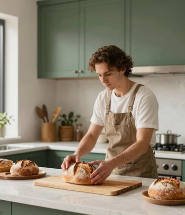A professional food photographer in a modern North American / Western European kitchen setting, carefully adjusting the lighting for a shot of fresh artisanal bread. The scene is warm and inviting, featuring matte forest green cabinets and crisp parchment walls.