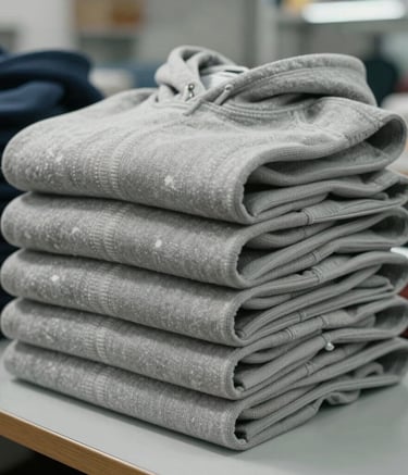 Detailed photography of a stack of premium cotton hoodies, neatly folded in a South American apparel factory. The textures of the fabric are visible. Soft cinematic lighting in a clean workspace highlights the quality of the stitching and the professional environment.