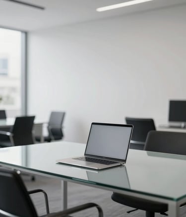 A wide-angle shot of a minimalist, high-end creative agency office in a South African business district. The space features clean lines, white walls, and charcoal furniture. Soft natural light illuminates a large glass desk with a sleek silver laptop, reflecting a palette of #F5F5F5 and #A0A0A0.