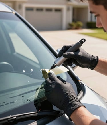 A close-up photograph of a professional technician's gloved hands applying precision adhesive to the frame of a modern vehicle in a North American residential driveway. The lighting is bright morning sunlight, highlighting the clarity of the new glass. The scene conveys expertise and meticulous care.