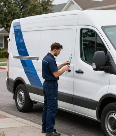 A branded white service van with dark blue and medium blue accents parked on a quiet North American suburban street. A technician in a professional navy blue uniform is neatly organizing high-quality glass tools. The composition is clean and modern, representing reliability.
