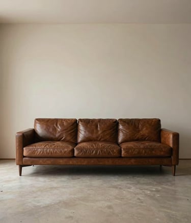 A wide-angle interior shot of a minimalist, sophisticated living space in the North American / US, featuring a dark brown leather sofa and beige walls, soft natural light, conveying a sense of calm and ease.