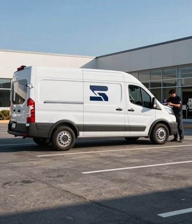 A wide-angle professional photograph of a modern, clean white mobile service van with a sleek dark navy logo parked in a North American corporate office parking lot. A technician is seen neatly organizing tools at the back of the van under a clear, bright afternoon sun. The composition is professional and emphasizes convenience and reliability.