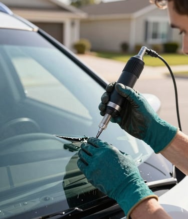 A close-up photograph of a professional technician's hands using a high-precision resin injection tool to repair a windshield chip on a modern vehicle. The scene is set in a North American suburban driveway with bright, natural morning light. The vehicle's glass is crystal clear, reflecting a soft blue sky. The technician wears a professional deep teal work glove, conveying trust and advanced technology.