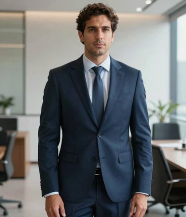 A sharp, professional portrait of a male business consultant in a high-end corporate office in Salta, Argentina. He is wearing a tailored navy suit, looking confident and authoritative. The background shows a minimalist, modern office interior with soft natural light.