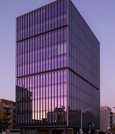Fachada exterior de un edificio de oficinas vanguardista en Barcelona bajo una luz crepuscular, con líneas geométricas puras acentuadas por reflejos violetas y fucsias en el cristal, estilo minimalista y sofisticado.