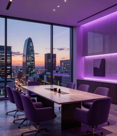 Fotografía de gran angular de una sala de juntas corporativa de lujo en Madrid, con mobiliario minimalista de color púrpura oscuro, iluminación ambiental sutil en tonos fucsia neón y una vista espectacular de la arquitectura moderna de la ciudad al atardecer, atmósfera premium y profesional.