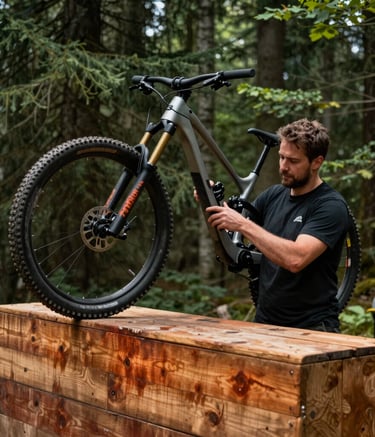 A professional photography shot of a mountain bike technician performing maintenance on a trail feature, high-quality wooden obstacles in a forest setting, French / Vosges Region, deep green and rust orange accents, natural lighting.