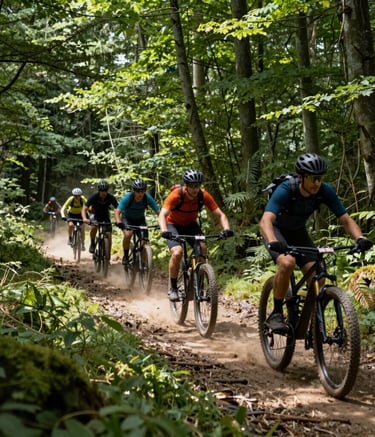 Action shot of a group of mountain bikers riding through a sun-dappled forest path, French / Vosges Region, kicking up a bit of dust, adventurous and welcoming vibe, sage and deep green tones.