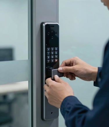 A close-up photograph of a skilled technician's hands installing a modern electronic keypad lock on a commercial glass door. The color palette features slate blue and light grey tones, shot in a professional North American office environment.