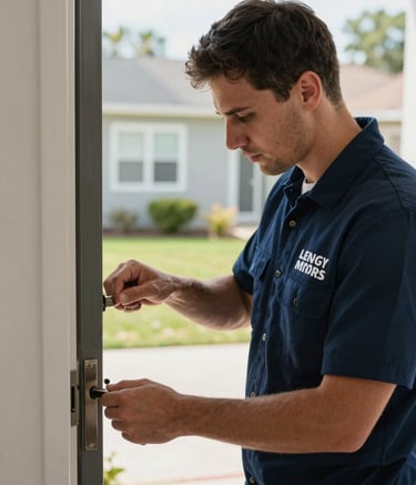 A professional locksmith in a clean dark blue uniform with expert branding, working on a high-security residential door lock in a North American suburban setting during the day. The lighting is bright and clear, emphasizing a sense of security and trust.