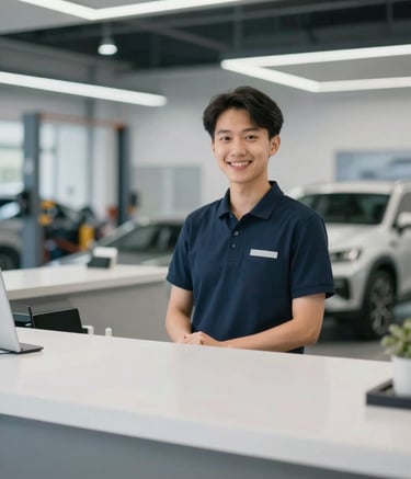 Modern automotive service center reception, clean and organized, with a friendly professional service advisor, background showing a glimpse of a high-tech workshop, lighting is bright and trustworthy, featuring colors #222E3C and #F0F4F7.