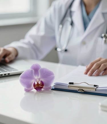 A close-up, high-end photograph of a professional clinician's desk in a North American setting. A soft lavender orchid sits next to a stack of clinical journals. The lighting is bright and natural, reflecting off a polished white surface, creating a clean and empathetic medical atmosphere.