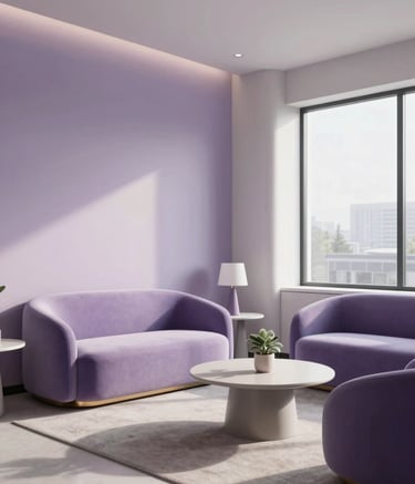 A wide, high-quality photograph of a luxurious and minimalist medical office in the US. The room is spacious with soft lavender and light gray accents, featuring comfortable modern furniture and a large window with soft sunlight, projecting a professional yet warm aesthetic.
