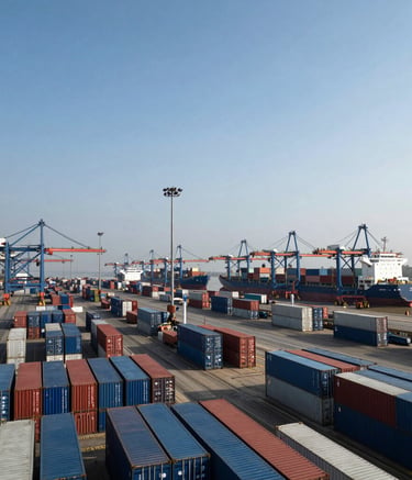 An expansive wide shot of a bustling industrial port in Gujarat like Mundra or Kandla, showcasing rows of shipping containers and massive cargo vessels under a clear sky. Professional B2B atmosphere with deep blue and slate tones.