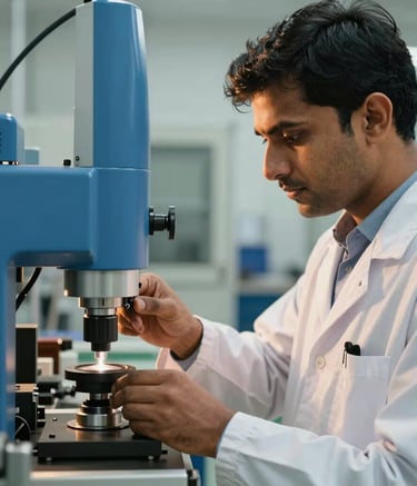 A close-up of a professional quality control specialist in a modern industrial setting, focusing on technical precision. The background features sleek slate blue machinery. Global B2B / Indian Origin professional environment with warm golden hour lighting.