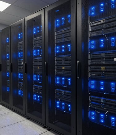 North American / US server room with glowing blue led lights, clean and highly professional setting, robust security concept, cool tones.