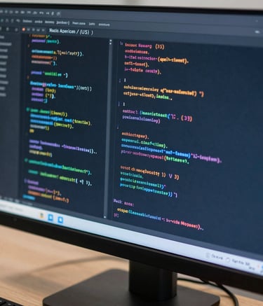 Close up of code and data analytics dashboard on a modern monitor, dark slate blue background, North American / US corporate setting.