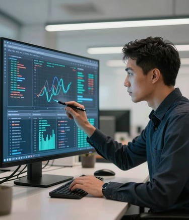 Cybersecurity professional in a modern North American / US office analyzing data on a transparent screen, clean, sophisticated lighting.