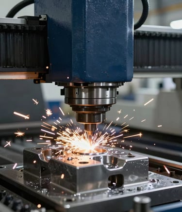 A detailed close-up shot of a CNC milling machine in a modern Brazilian industrial facility, with sparks flying and cutting fluid being applied to a steel component, professional lighting, deep slate and navy tones.