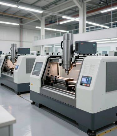 Interior of a high-tech machining facility in Brazil, featuring organized workstations and large precision lathes, clean floors, bright and modern industrial architecture with slate and white accents.