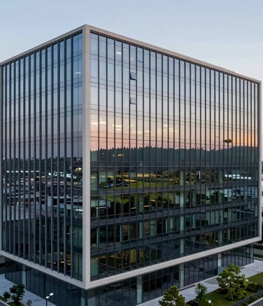 A high-quality architectural photograph of a modern commercial office park in the United States. The glass-fronted building features clean lines and reflects a forest green landscape at dusk, symbolizing steady growth and professional success.