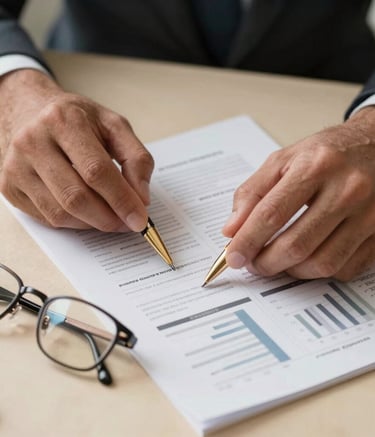 A sophisticated close-up photograph of an investor's hands reviewing project financial reports on a parchment-colored surface in a North American setting. A gold pen and a pair of professional glasses sit on the side. The scene conveys reliability and meticulous planning.