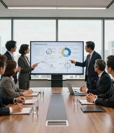 A wide-angle professional photograph of a sun-drenched North American board room. A team of consultants in formal attire is reviewing complex project diagrams on a screen. The atmosphere is professional, approachable, and highly sophisticated.