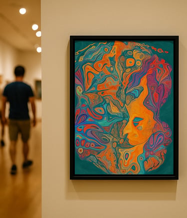 Art therapy exhibit showcasing emotional portraits in a public gallery.