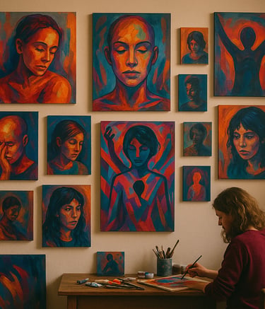 Artist painting expressive faces in a cozy studio full of trauma-themed artwork.