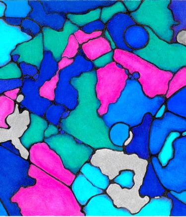 Neurographic healing art with bold lines and abstract shapes in pink, teal, blue, and silver.