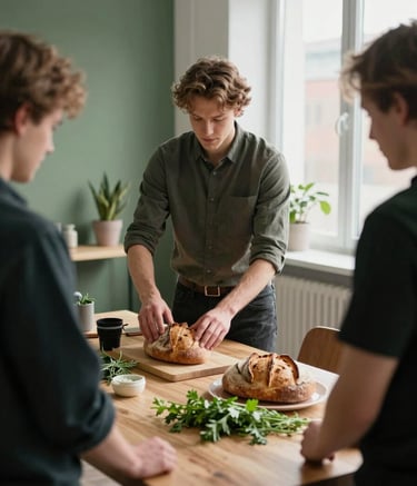 Photography of a modern Northern European / Scandinavian office space. A professional team member is carefully arranging artisanal sourdough bread and fresh herbs on a wooden table for a social media shoot. Soft natural lighting from a large window. Colors: Matte forest green accents and crisp parchment walls.