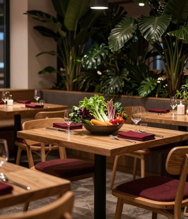 Photography of a cozy, high-end Northern European / Scandinavian restaurant interior during the evening. Warm ambient lighting, minimalist wooden furniture, and a centerpiece of fresh ingredients. The atmosphere is sophisticated and inviting. Colors: Deep ripe crimson napkins and matte forest green foliage in the background.