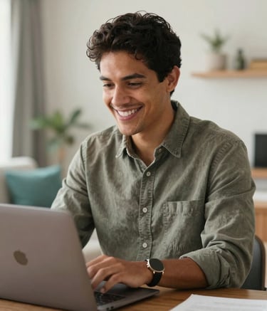 Photography of a confident South American professional in business casual attire smiling while looking at a laptop in a bright, modern Brazilian home office. Warm natural lighting, composition focused on the subject's face, with soft blurred background showing hints of teal and light grey decor.