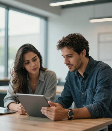 Professional candid shot of a mentoring session in a modern Brazilian coworking space. A mentor and a candidate are engaged in conversation over a tablet. Background includes large windows and architectural elements in light blue and white tones. Clean and professional South American setting.