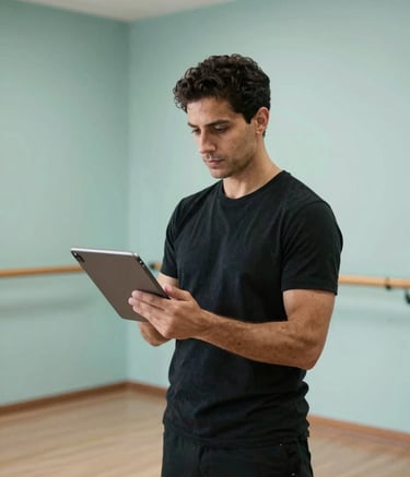 A professional dance academy owner in a Spanish / Latin American studio looking confidently at a tablet device. The environment is elegant and modern with Muted Teal accents and bright Pale Mist walls.