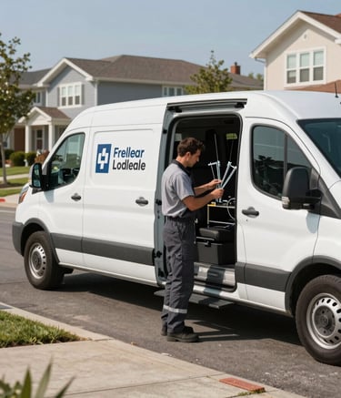 A side-profile shot of a sleek, modern white service van branded with professional graphics, parked on a residential North American suburban street. A technician in a neat uniform is professionally organizing high-grade glass tools in the back. Bright, crisp morning light.