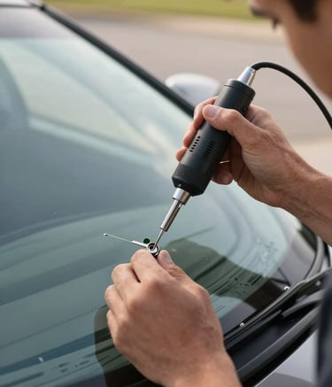 A close-up photograph of a technician's steady hands using a precision resin injection tool to repair a small chip in a windshield. The lighting is bright and clear, emphasizing the high-tech equipment. The setting is a professional North American driveway, with soft afternoon sunlight reflecting off the glass.